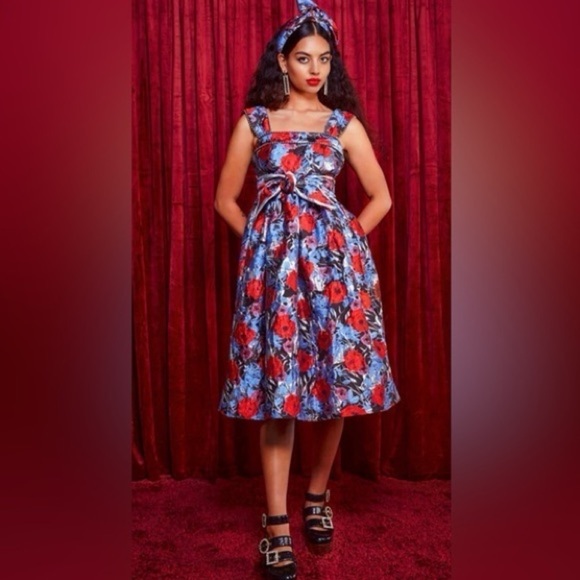 Autumn Adeigbo Dress Womens Sz 14 Gabriella Floral Jacquard Midi New Red Blue